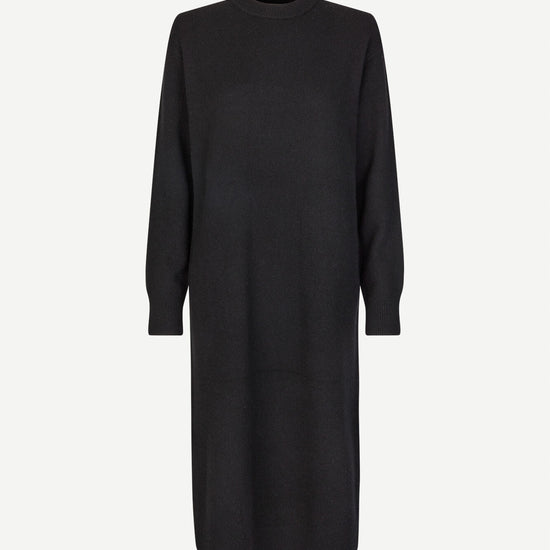 Midi merino wool black dress with long sleeves and crew neck