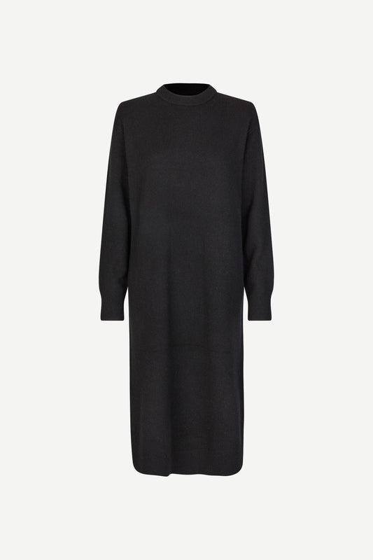 Midi merino wool black dress with long sleeves and crew neck