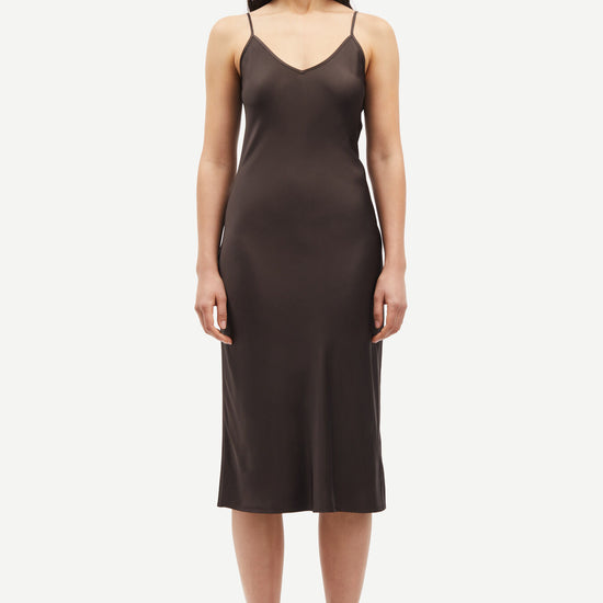 Dark brown satin slip dress with adjustable spaghetti straps