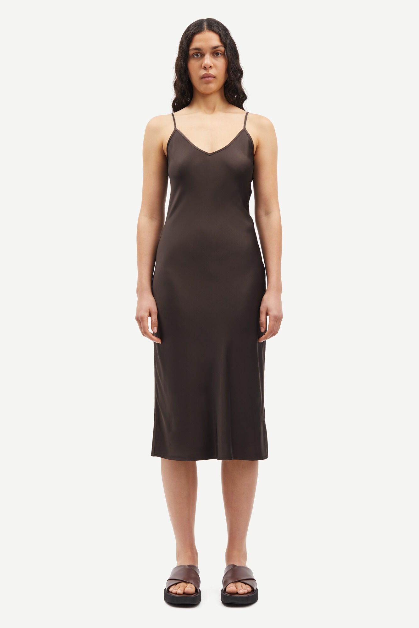 Dark brown satin slip dress with adjustable spaghetti straps