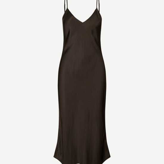 Dark brown satin slip dress with adjustable spaghetti straps