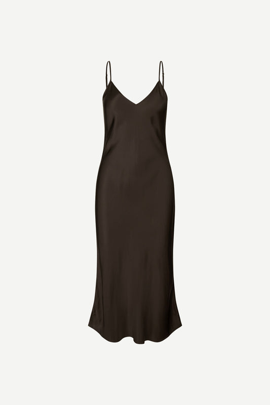 Dark brown satin slip dress with adjustable spaghetti straps