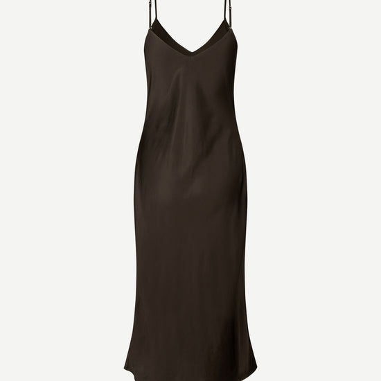 Dark brown satin slip dress with adjustable spaghetti straps