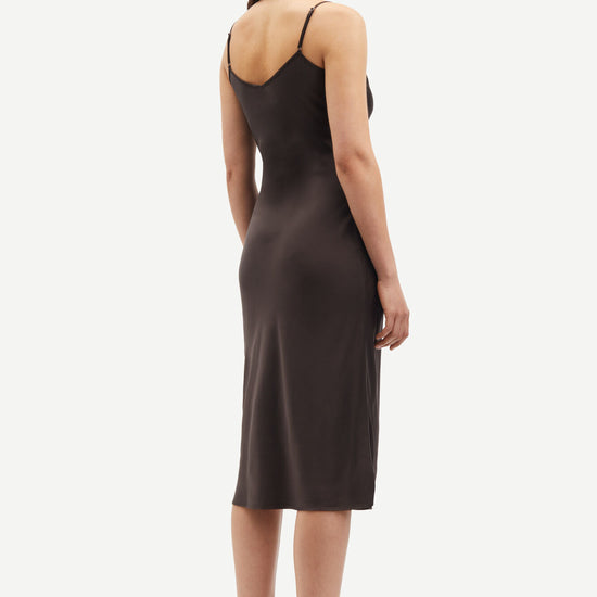 Dark brown satin slip dress with adjustable spaghetti straps