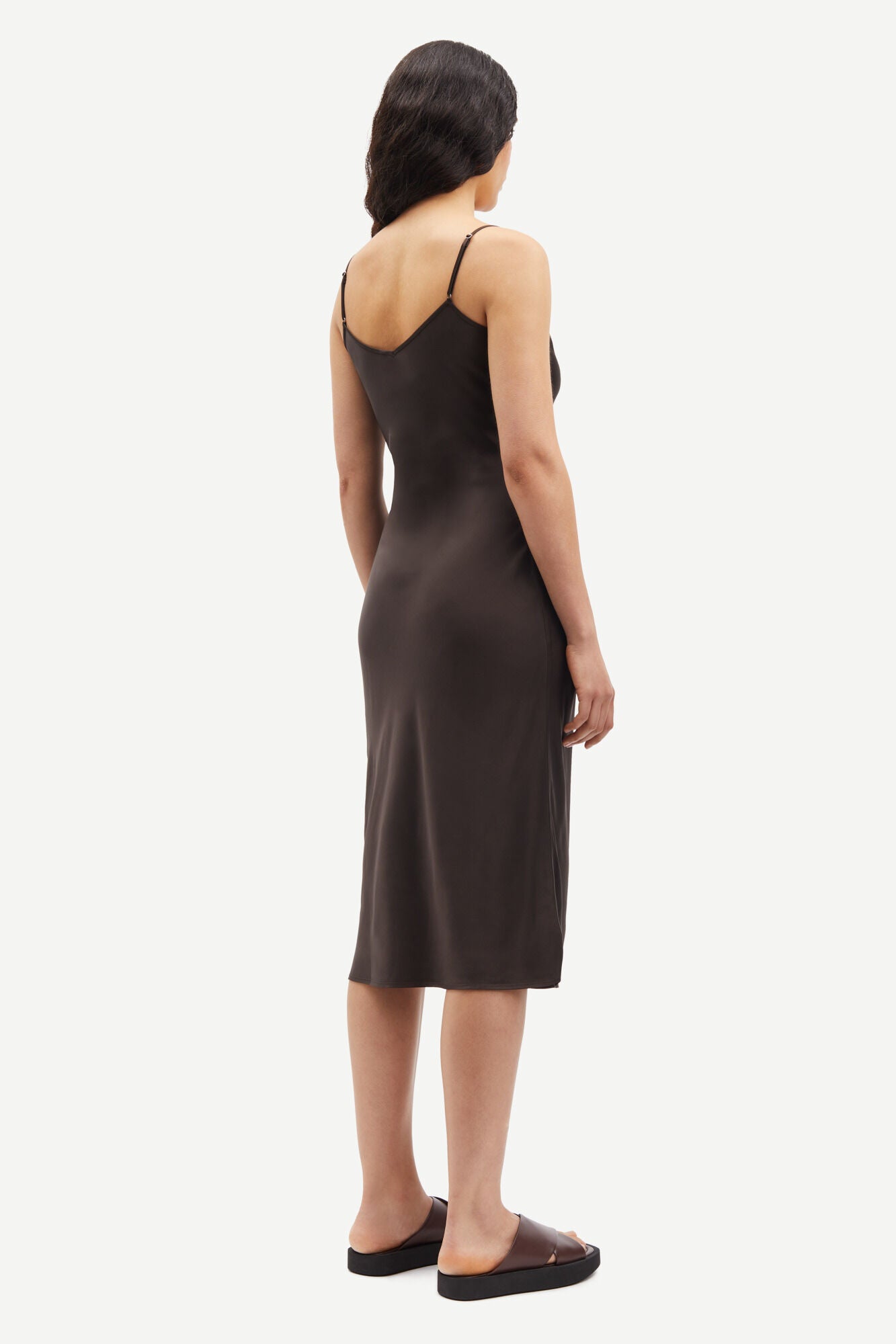 Dark brown satin slip dress with adjustable spaghetti straps