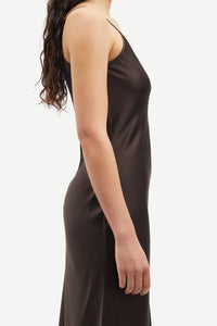 Dark brown satin slip dress with adjustable spaghetti straps
