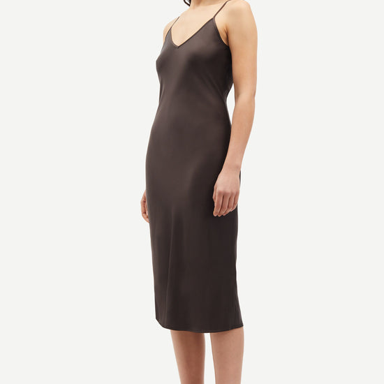 Dark brown satin slip dress with adjustable spaghetti straps