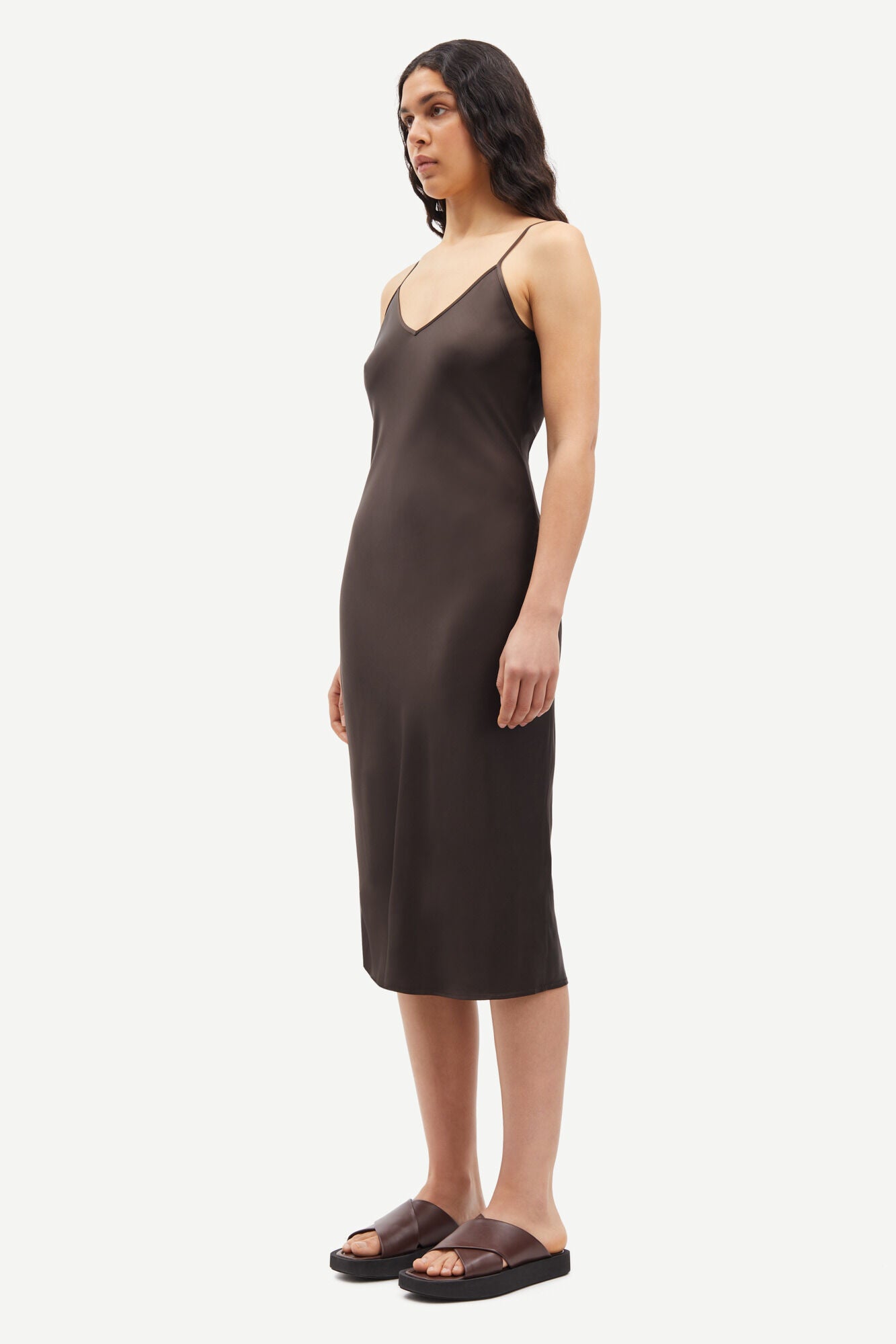 Dark brown satin slip dress with adjustable spaghetti straps