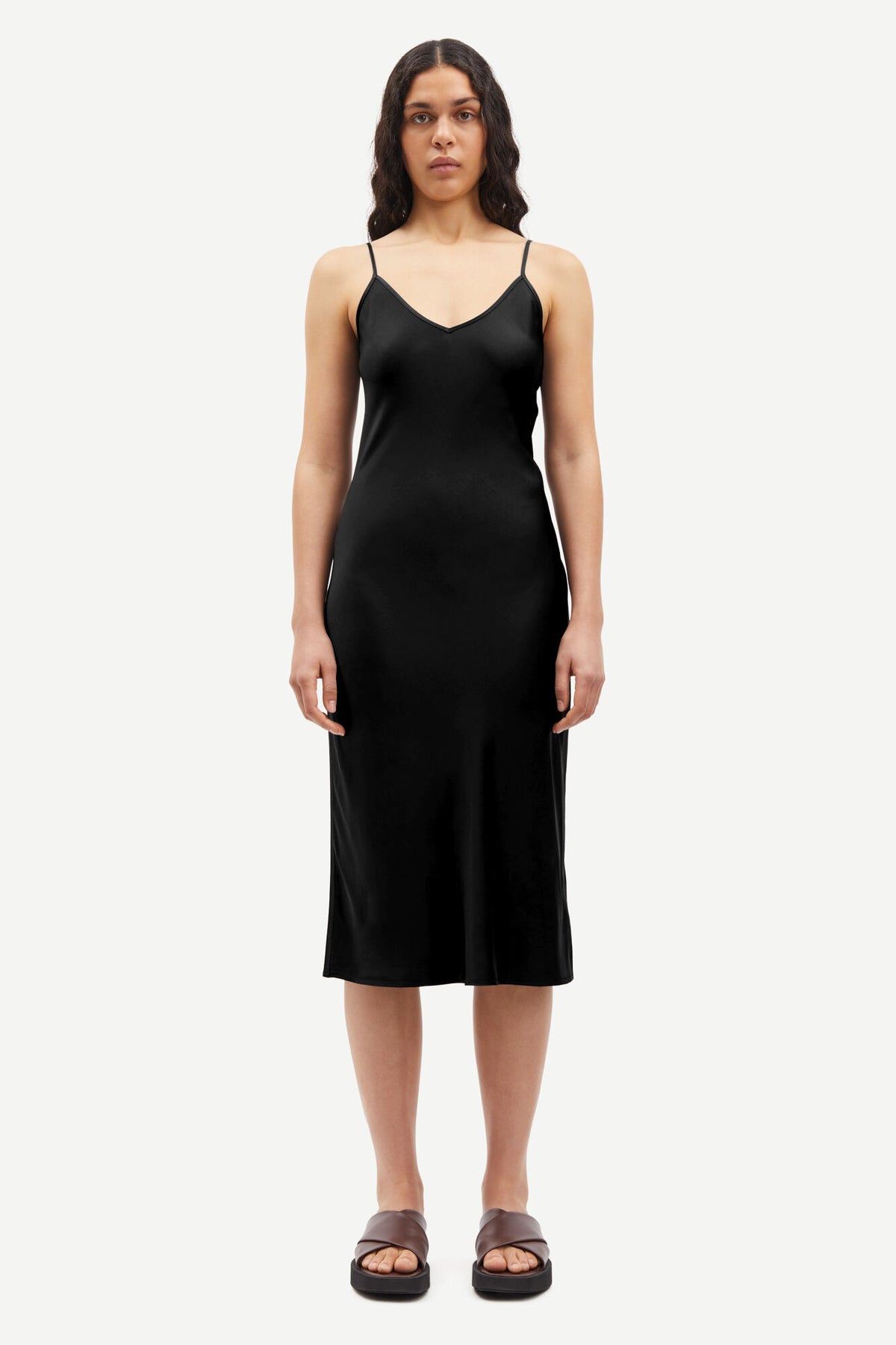 Black slip dress with adjustable straps and V neck and backline