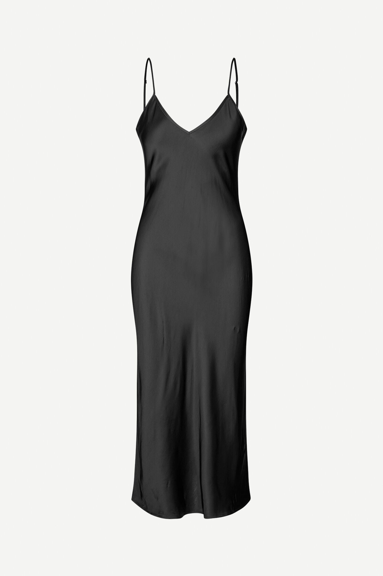 Black slip dress with adjustable straps and V neck and backline