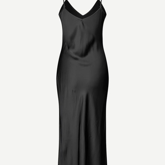 Black slip dress with adjustable straps and V neck and backline