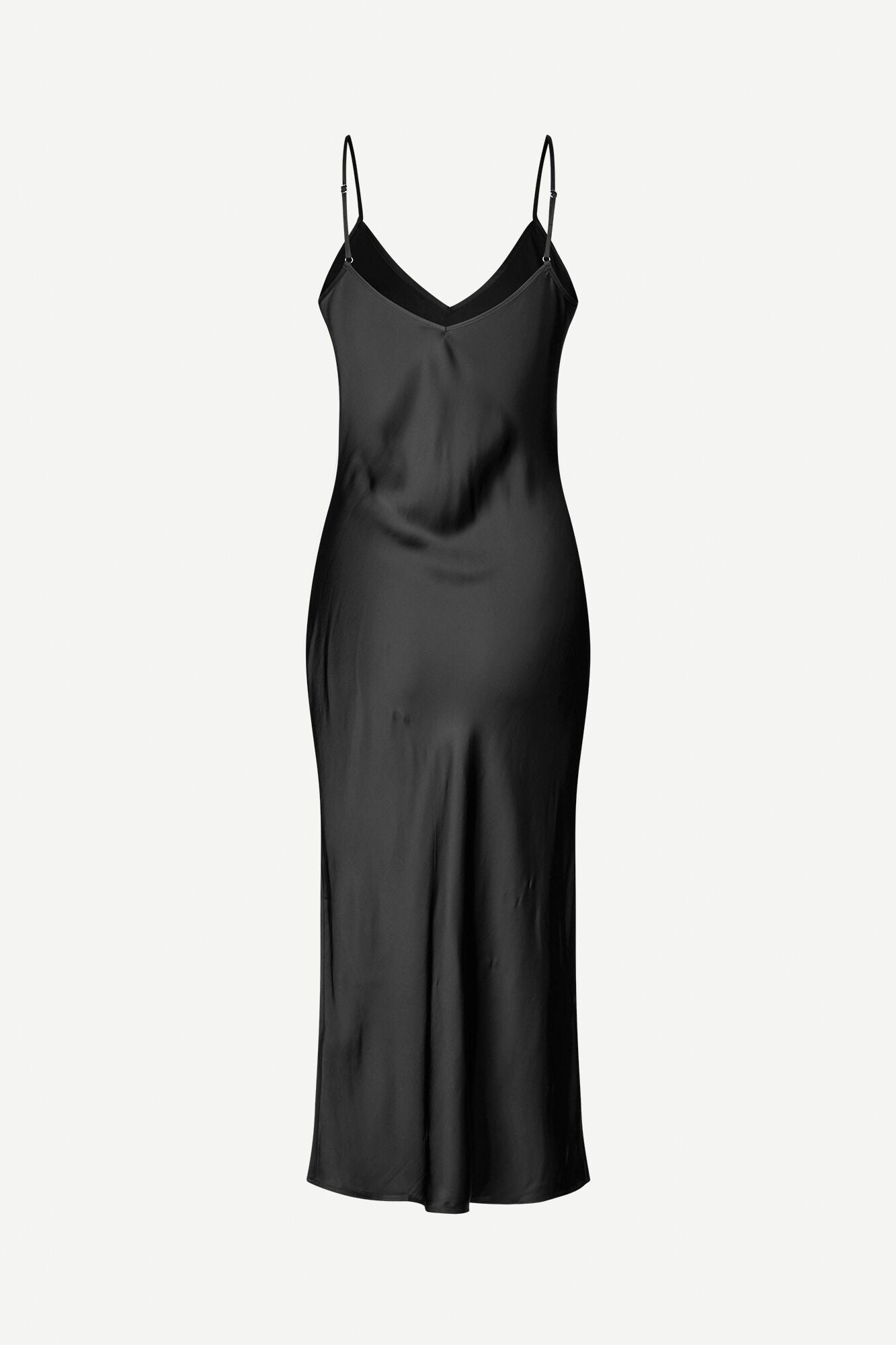 Black slip dress with adjustable straps and V neck and backline