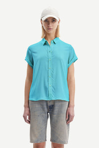 Blue topaz short sleeved blouse with classic collar