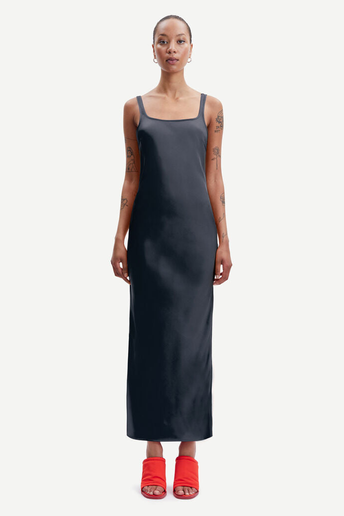 Navy sating long dress with scoop neck and backline with side splits