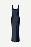 Navy sating long dress with scoop neck and backline with side splits