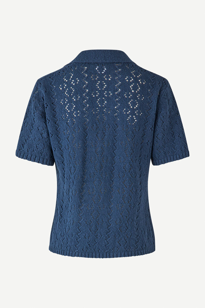 Navy textured knitted polo top with classic collar notch neckline and short sleeves