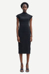 Black midi bodycon dress with straight neckline capped sleeves and all over fine smocking