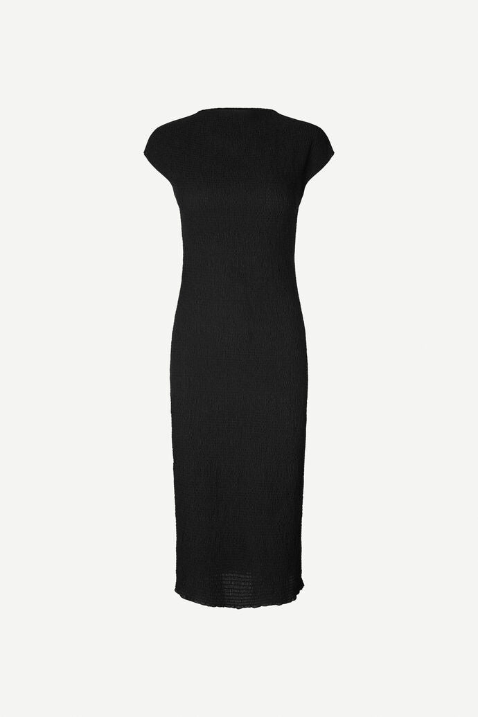 Black midi bodycon dress with straight neckline capped sleeves and all over fine smocking