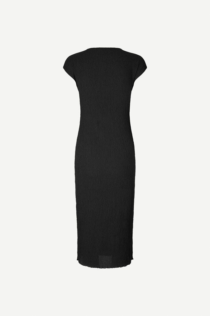 Black midi bodycon dress with straight neckline capped sleeves and all over fine smocking 
