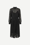 High neck chiffon midi dress with long sheer sleeves and applique dots with pleated skirt