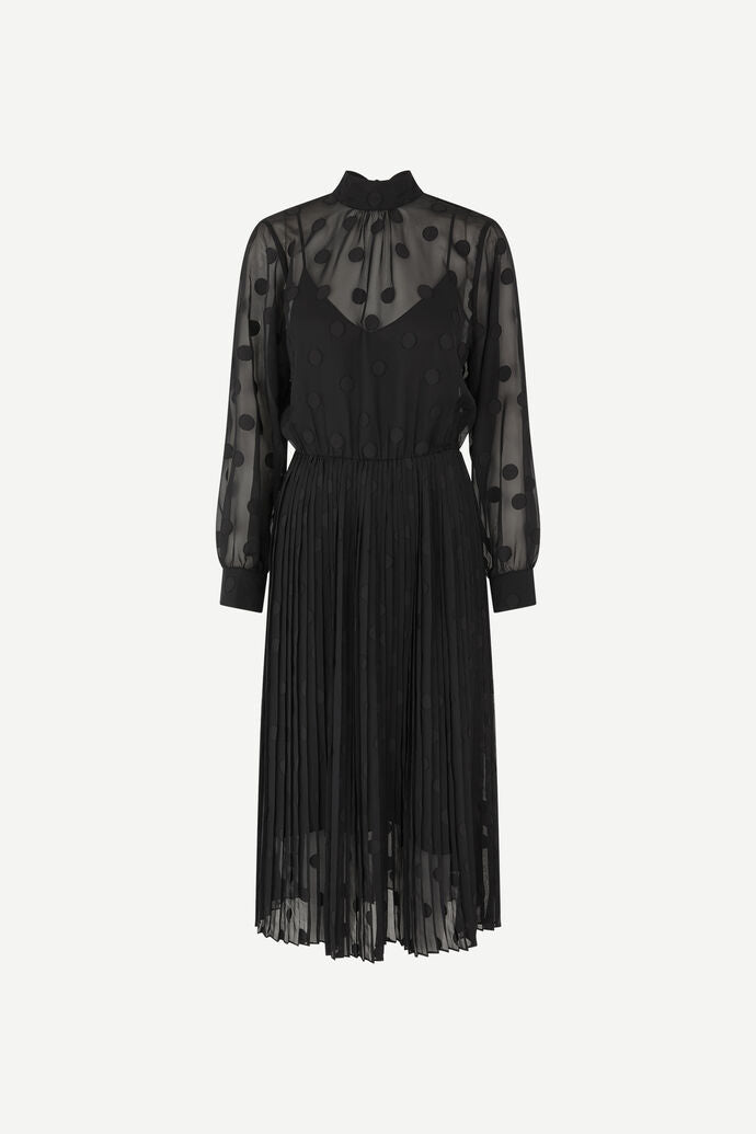 High neck chiffon midi dress with long sheer sleeves and applique dots with pleated skirt