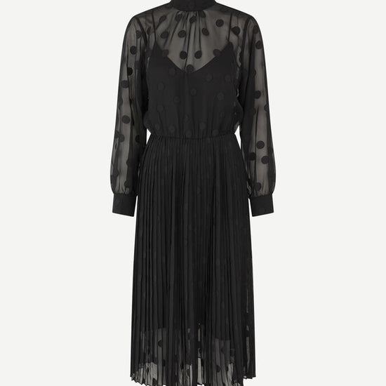 High neck chiffon midi dress with long sheer sleeves and applique dots with pleated skirt