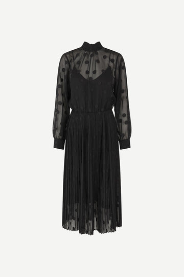 High neck chiffon midi dress with long sheer sleeves and applique dots with pleated skirt