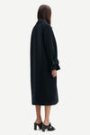 Navy woollen coat with classic collar and wide sleeves with cuff belts