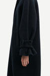 Navy woollen coat with classic collar and wide sleeves with cuff belts