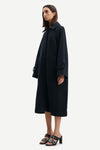 Navy woollen coat with classic collar and wide sleeves with cuff belts