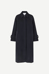 Navy woollen coat with classic collar and wide sleeves with cuff belts