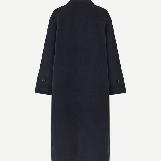 Navy woollen coat with classic collar and wide sleeves with cuff belts