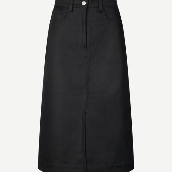 Midi straight cut denim black skirt with centre front and back splits