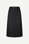 Midi straight cut denim black skirt with centre front and back splits