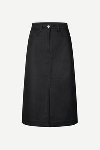Midi straight cut denim black skirt with centre front and back splits