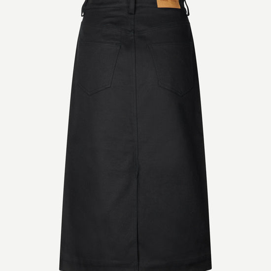 Midi straight cut denim black skirt with centre front and back splits