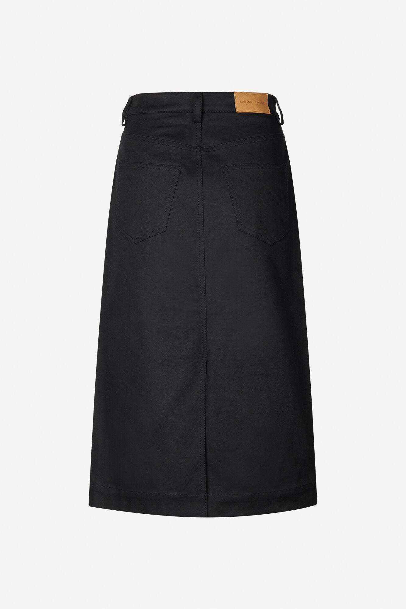 Midi straight cut denim black skirt with centre front and back splits