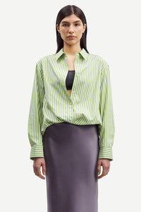 Classic cotton green and white striped shirt with classic collar and full length button fastening