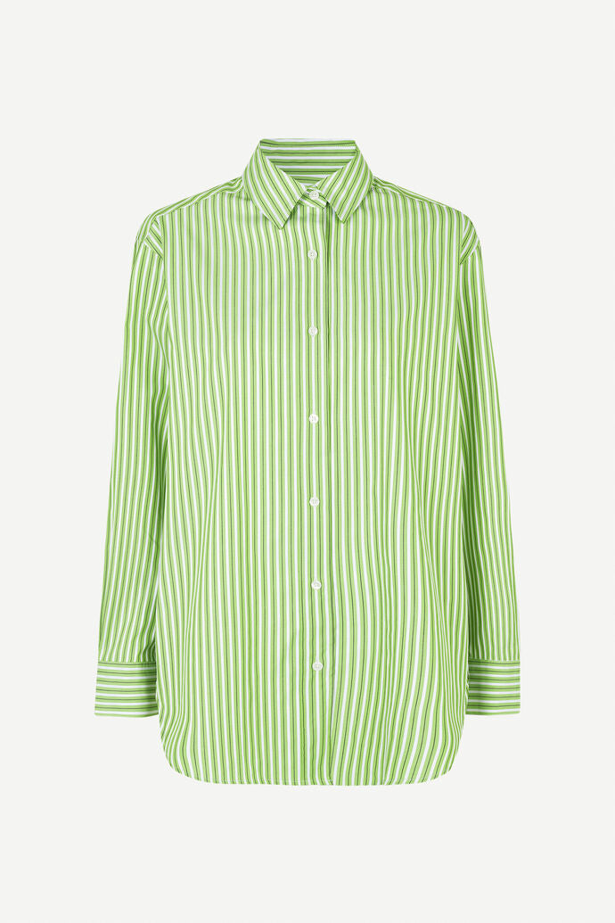 Classic cotton green and white striped shirt with classic collar and full length button fastening 