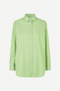 Classic cotton green and white striped shirt with classic collar and full length button fastening 