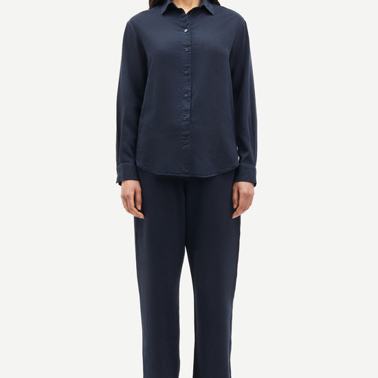 Straight leg navy trousers with elasticated waistband and drawstring