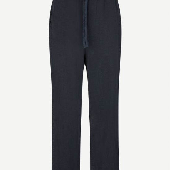 Straight leg navy trousers with elasticated waistband and drawstring