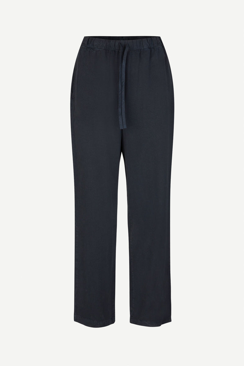 Straight leg navy trousers with elasticated waistband and drawstring