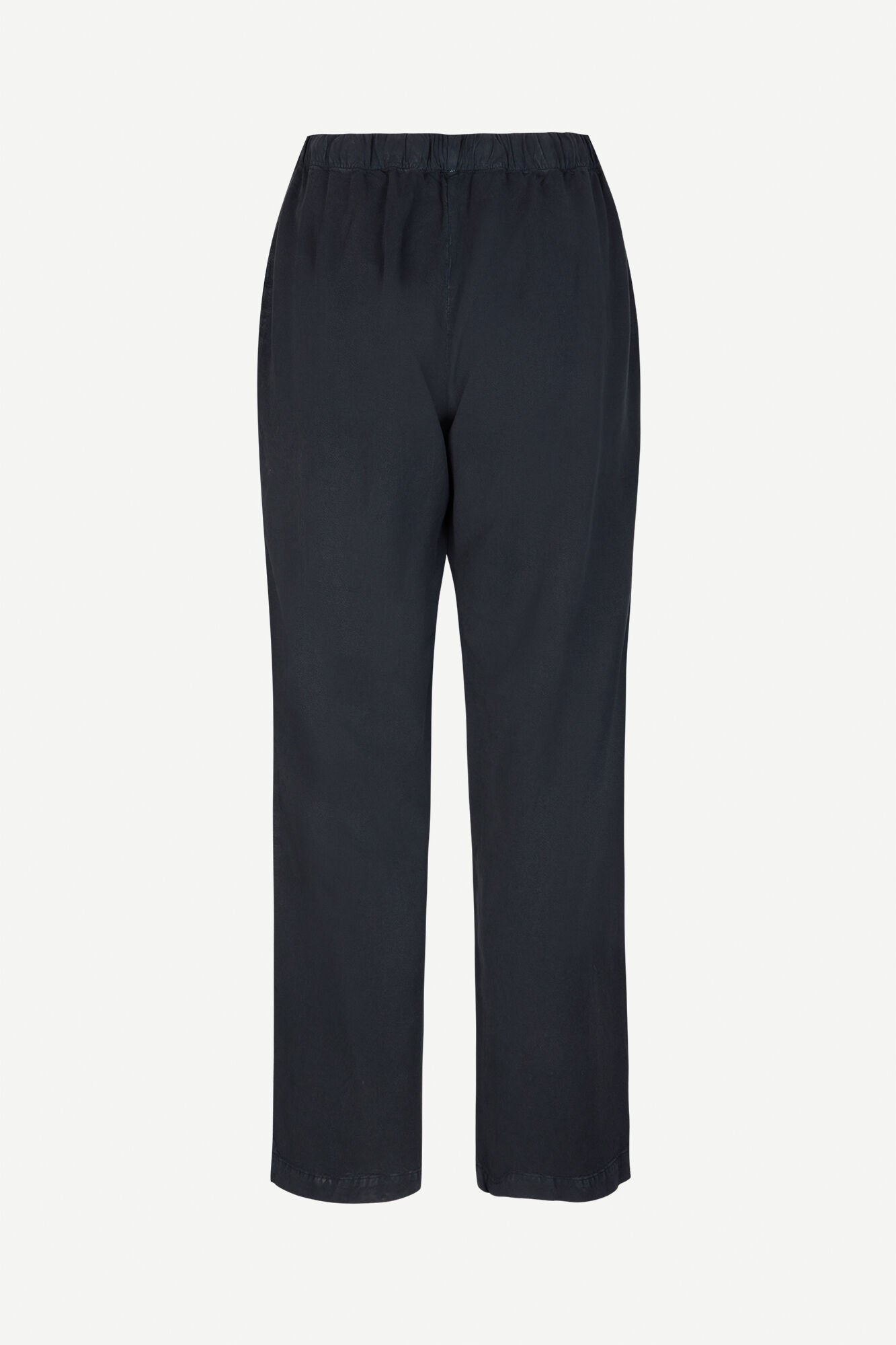 Straight leg navy trousers with elasticated waistband and drawstring