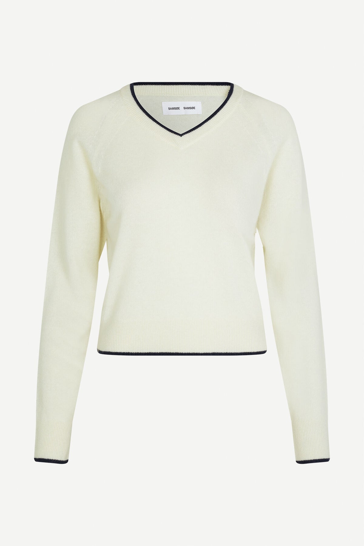 Winter white cashmere V neck  long sleeved jumper with navy trim