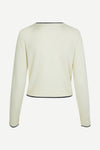 Winter white cashmere V neck long sleeved jumper with navy trim