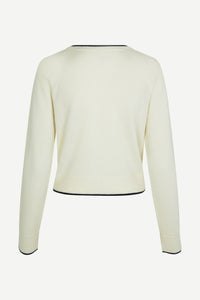 Winter white cashmere V neck long sleeved jumper with navy trim