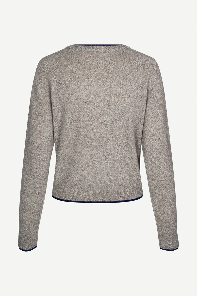 Brown taupe cashmere V neck jumper with navy trim