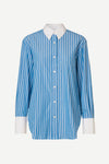 Blue and white vertical striped shirt with classic shirt features and white cuffs and collar
