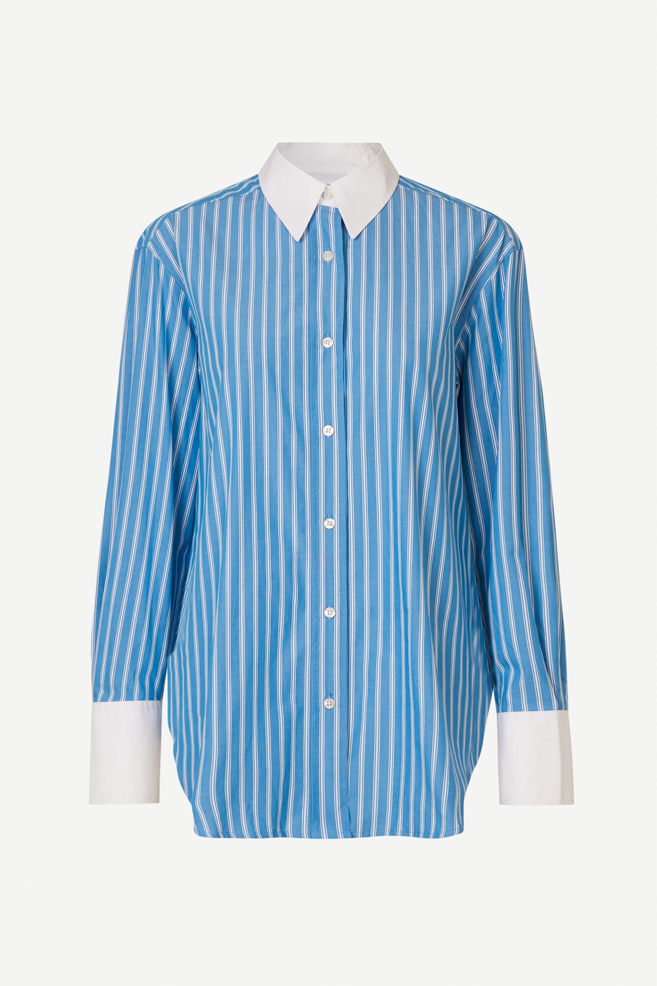 Blue and white vertical striped shirt with classic shirt features and white cuffs and collar